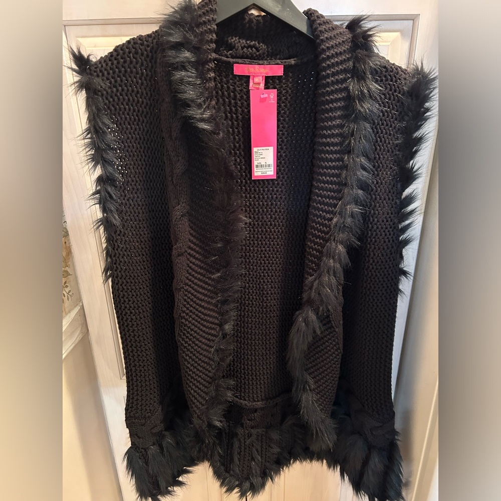 Lilly Pulitzer Womens Trinette Vest Black Open Front Faux Fur Trim Collar XL NWT